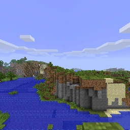 Блочный пейзаж Minecraft: лес, холмы и вода
